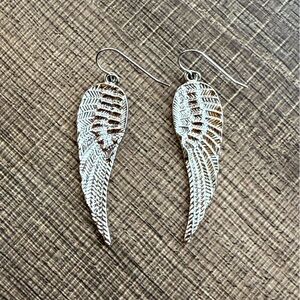 Vintage Boho Style Silver Tone Angel Wing Dangle Earrings